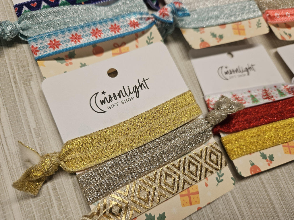 Holiday Hair Tie Set | Festive Elastic Hair Ties on Gift Card | Stocking Stuffer