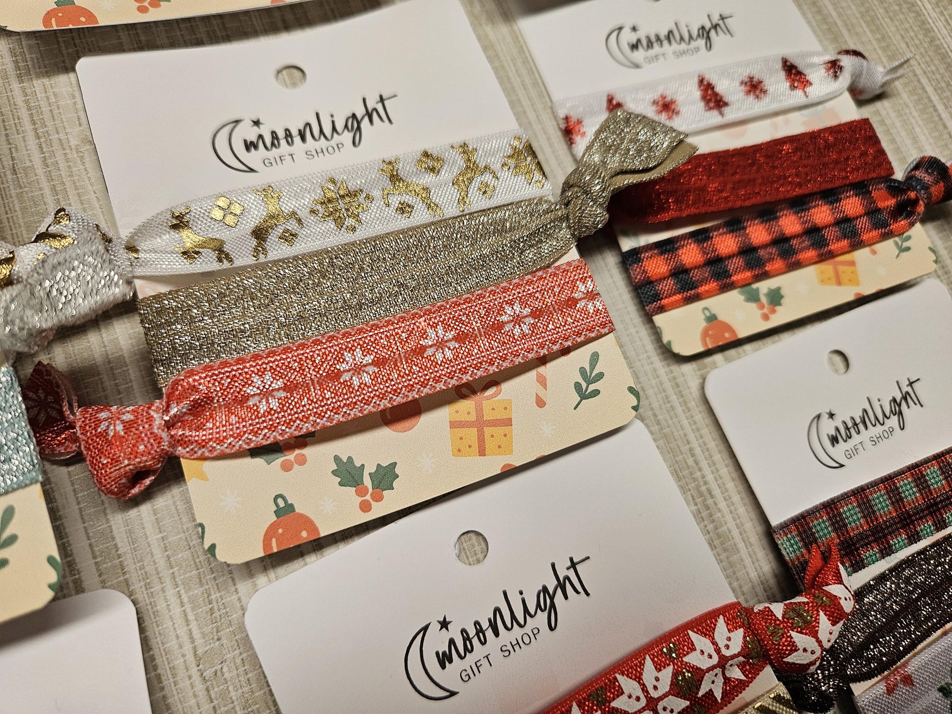 Holiday Hair Tie Set | Festive Elastic Hair Ties on Gift Card | Stocking Stuffer