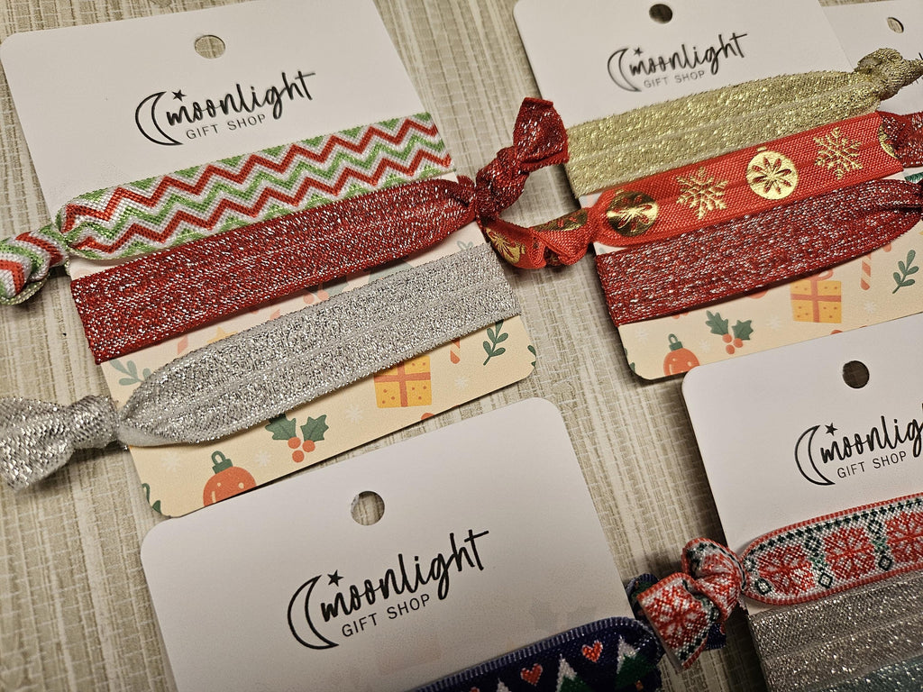 Holiday Hair Tie Set | Festive Elastic Hair Ties on Gift Card | Stocking Stuffer