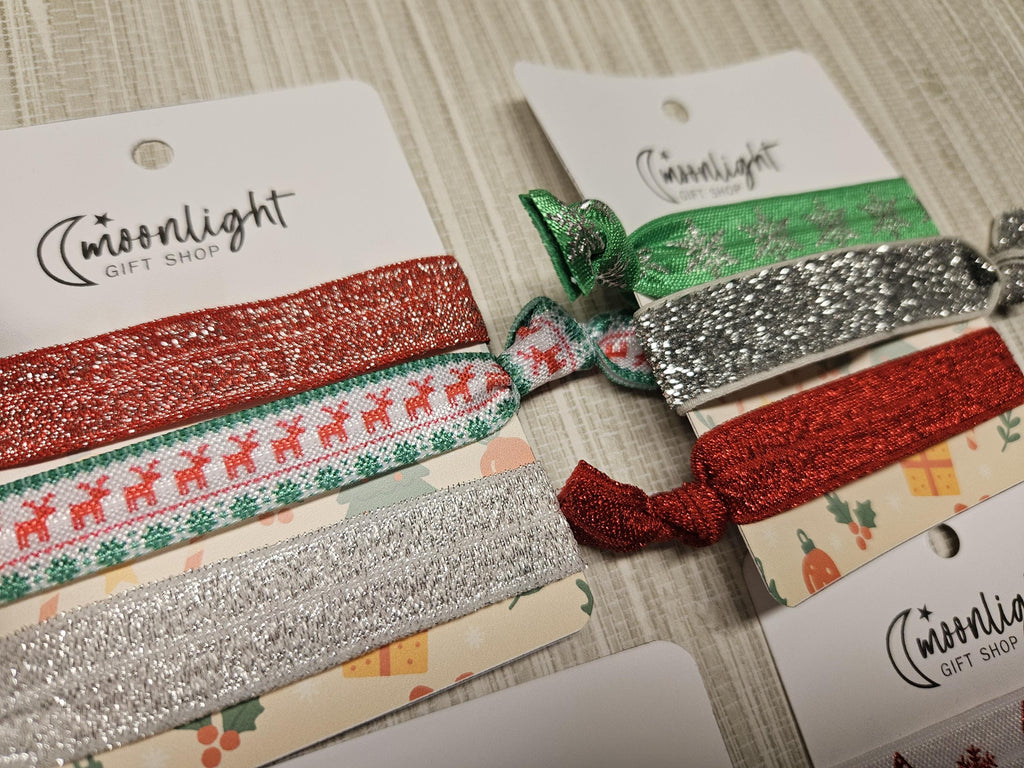Holiday Hair Tie Set | Festive Elastic Hair Ties on Gift Card | Stocking Stuffer