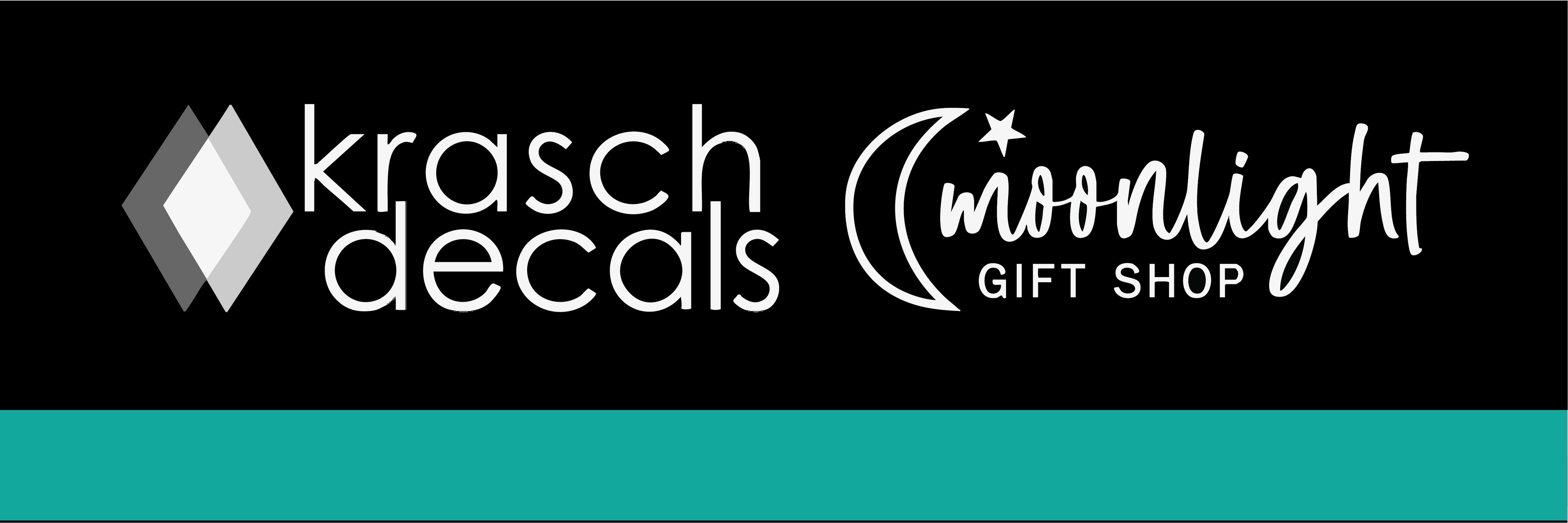 Two brand logos, 'krasch decals' and 'Moonlight Gift Shop', on a black and teal background.