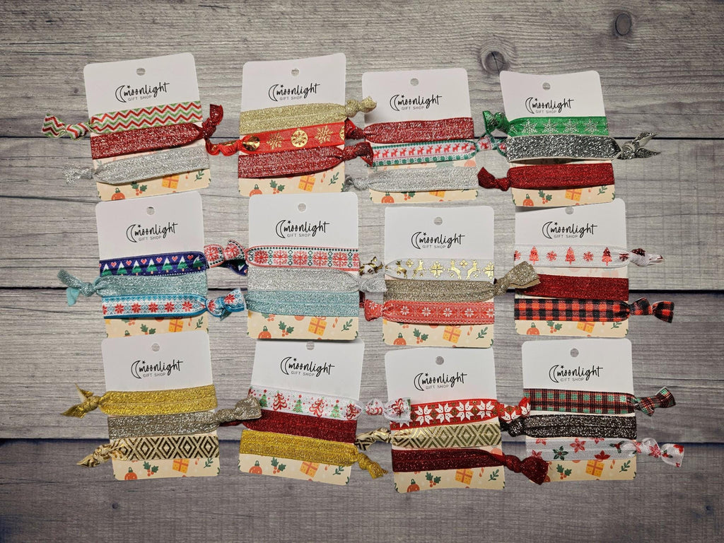 Holiday Hair Tie Set | Festive Elastic Hair Ties on Gift Card | Stocking Stuffer