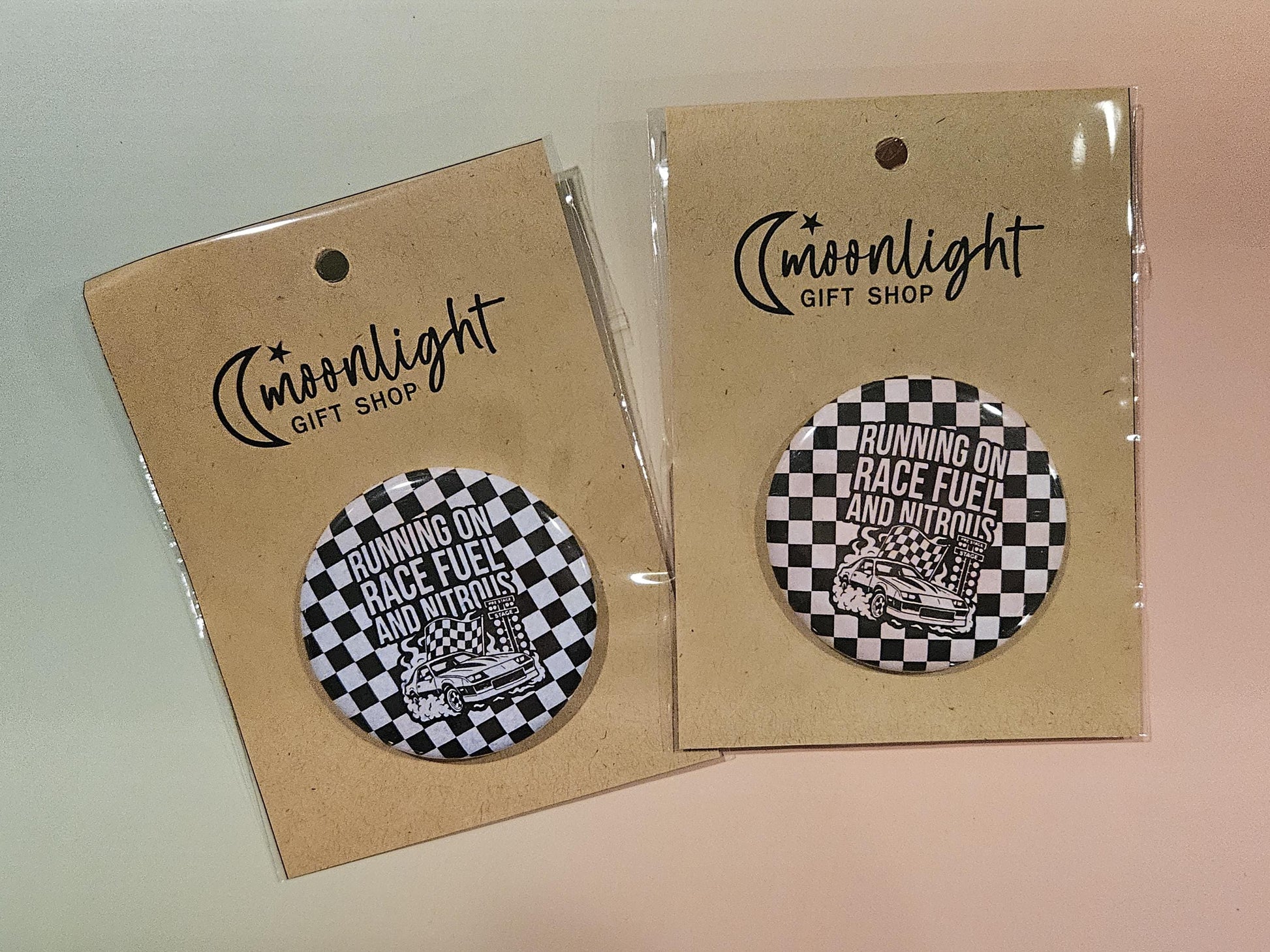 Running on Race Fuel and Nitrous Button | 2.25" Checkered Flag Racing Pin