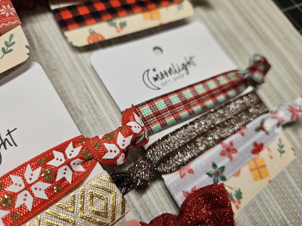 Holiday Hair Tie Set | Festive Elastic Hair Ties on Gift Card | Stocking Stuffer